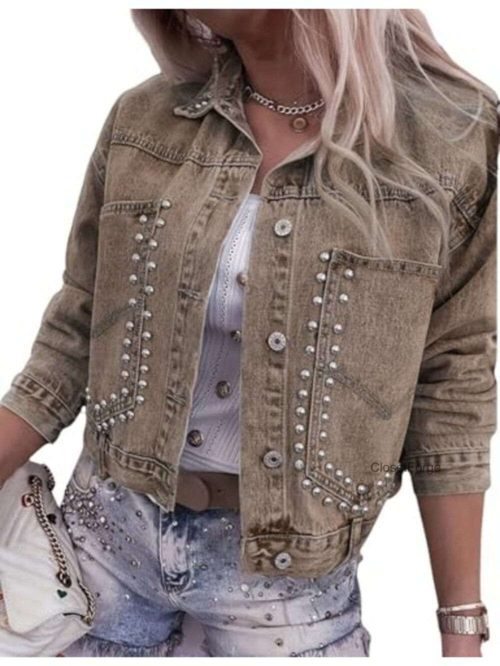 Rivet Studded Cropped Denim Jacket Loose Fit Cotton Blend Women's Casual